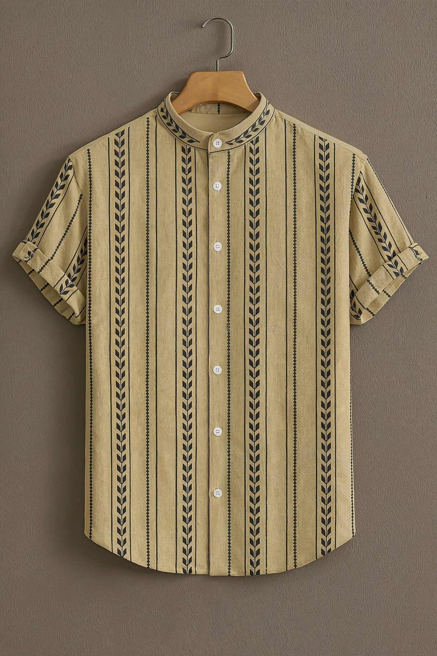 Beige Vertical Stripe Mandarin Collar Shirt for Men | Minimal Pattern Half Sleeve Casual Shirt