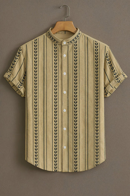 Beige Vertical Stripe Mandarin Collar Shirt for Men | Minimal Pattern Half Sleeve Casual Shirt