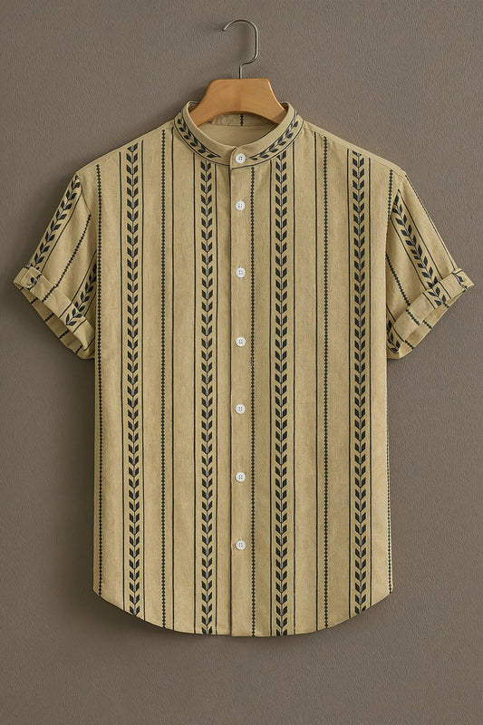 Beige Vertical Stripe Mandarin Collar Shirt for Men | Minimal Pattern Half Sleeve Casual Shirt