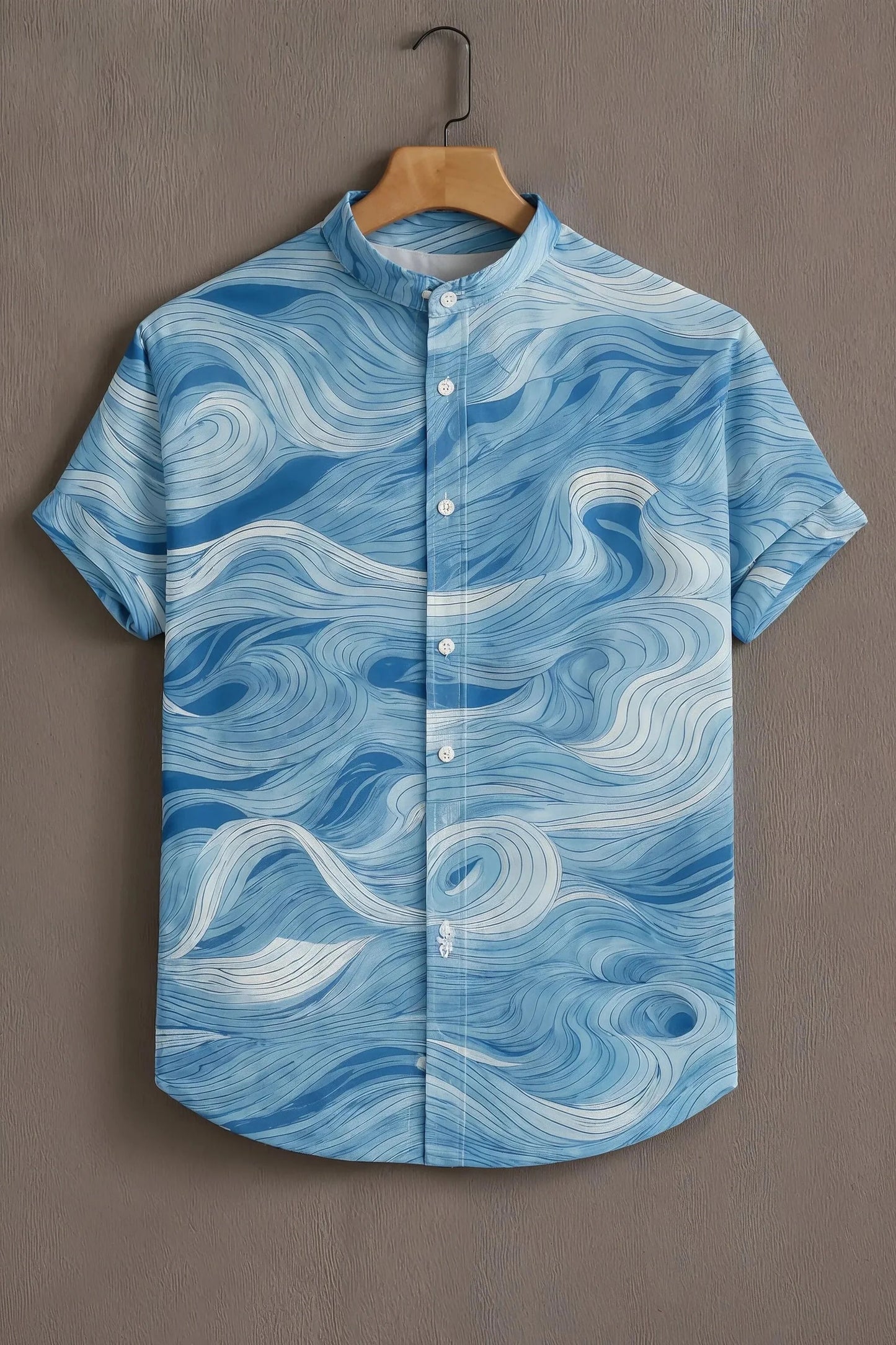 Sky Blue Wave Print Mandarin Collar Shirt for Men | Ocean Inspired Half Sleeve Casual Shirt