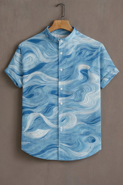 Sky Blue Wave Print Mandarin Collar Shirt for Men | Ocean Inspired Half Sleeve Casual Shirt