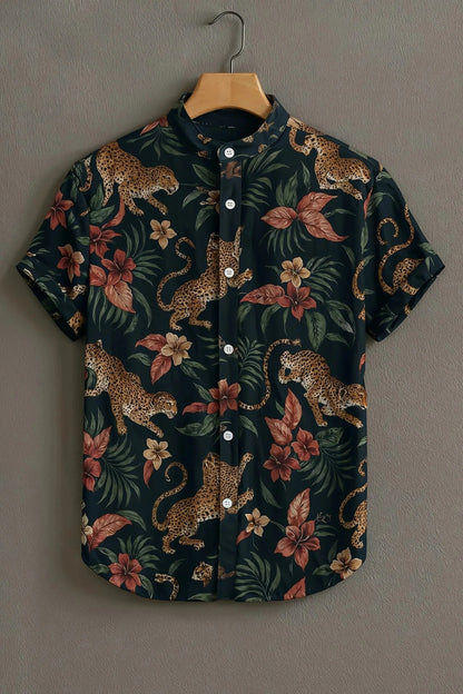 Dark Green Leopard Floral Print Mandarin Collar Shirt for Men | Premium Tropical Half Sleeve Shirt