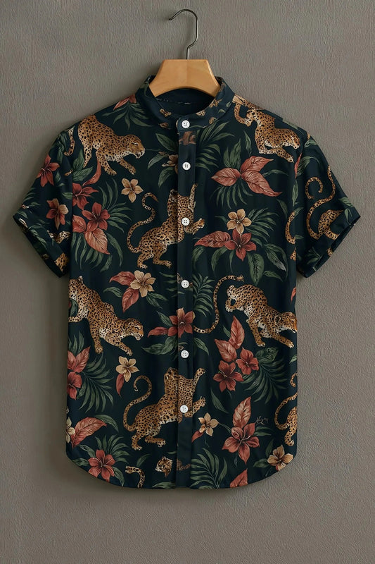 Dark Green Leopard Floral Print Mandarin Collar Shirt for Men | Premium Tropical Half Sleeve Shirt