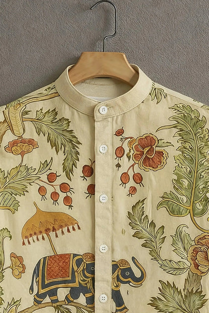 Vintage Elephant Print Mandarin Collar Shirt for Men | Ethnic Floral Half Sleeve Casual Shirt