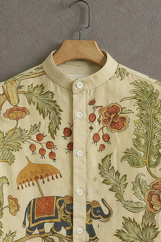 Vintage Elephant Print Mandarin Collar Shirt for Men | Ethnic Floral Half Sleeve Casual Shirt