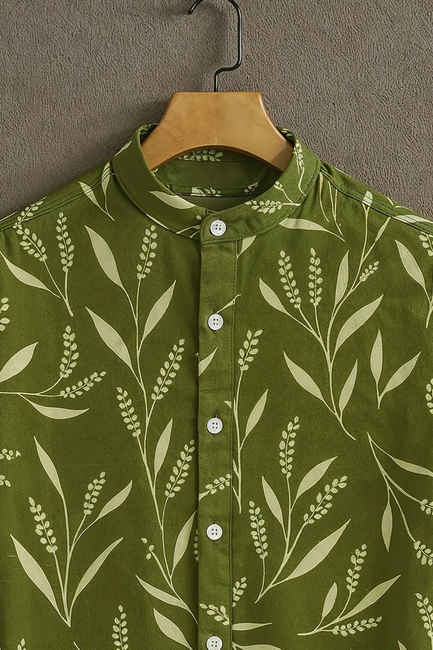 Olive Green Leaf Print Mandarin Collar Shirt for Men | Casual Summer Half Sleeve Shirt