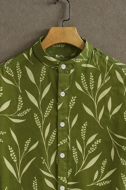 Olive Green Leaf Print Mandarin Collar Shirt for Men | Casual Summer Half Sleeve Shirt