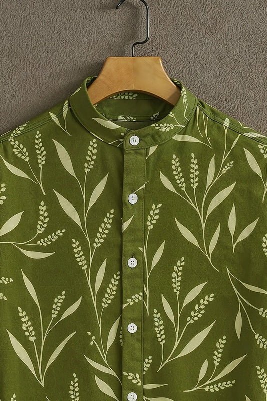 Olive Green Leaf Print Mandarin Collar Shirt for Men | Casual Summer Half Sleeve Shirt