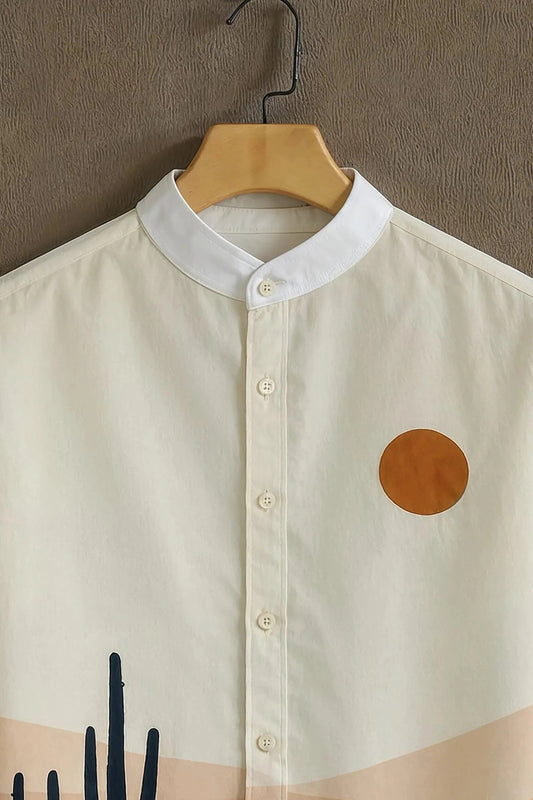 Desert Sunset Print Mandarin Collar Shirt for Men | Minimal Landscape Half Sleeve Casual Shirt