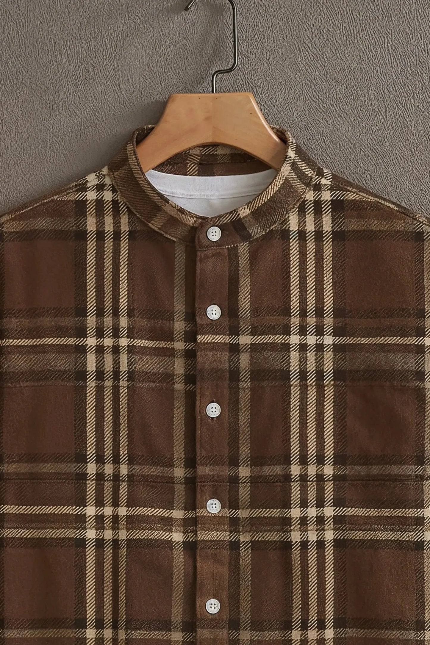 Brown Checkered Mandarin Collar Shirt for Men | Classic Plaid Half Sleeve Casual Shirt
