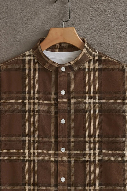 Brown Checkered Mandarin Collar Shirt for Men | Classic Plaid Half Sleeve Casual Shirt