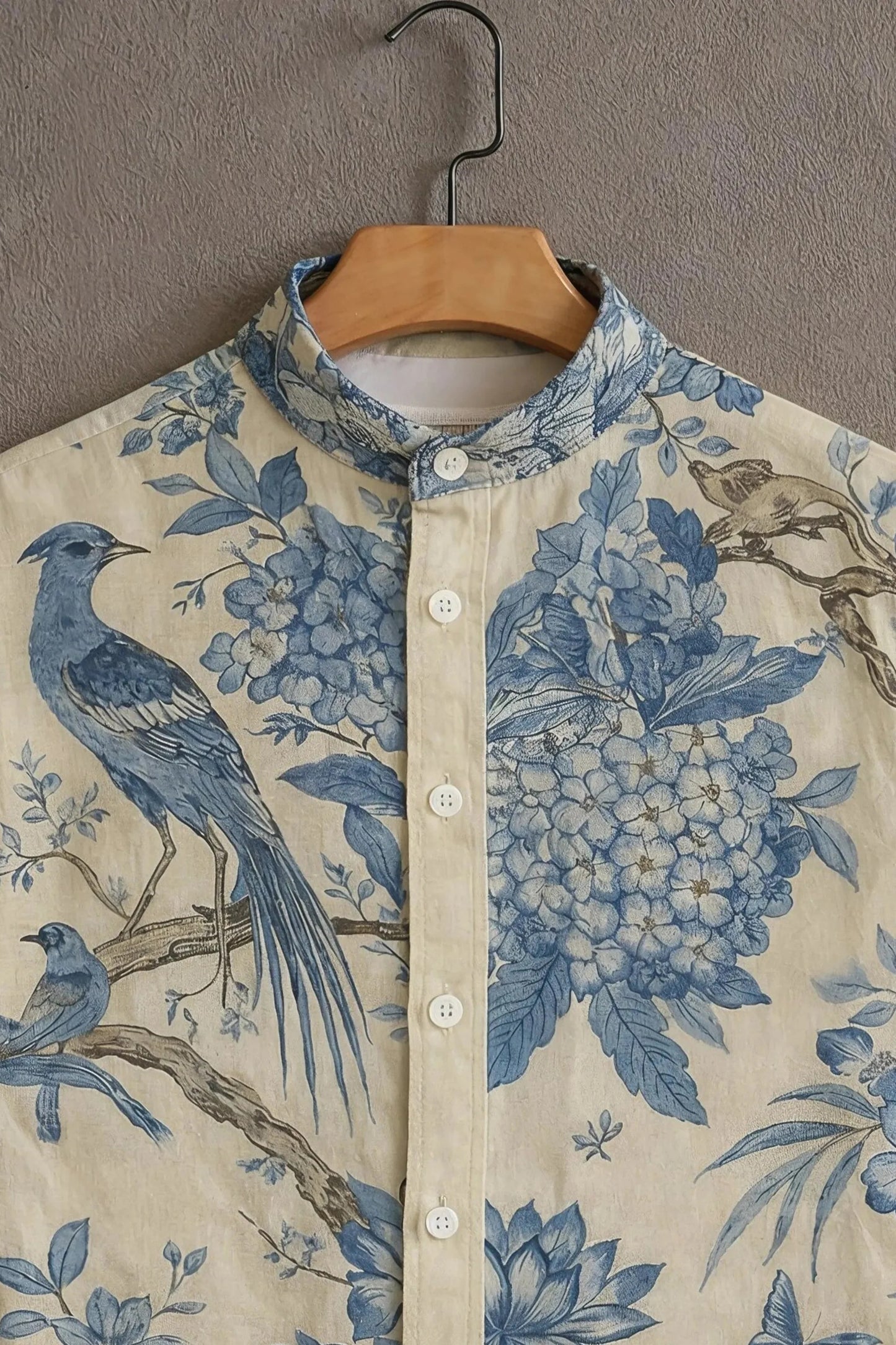 Beige Blue Floral Bird Print Mandarin Collar Shirt for Men | Elegant Half Sleeve Casual Shirt