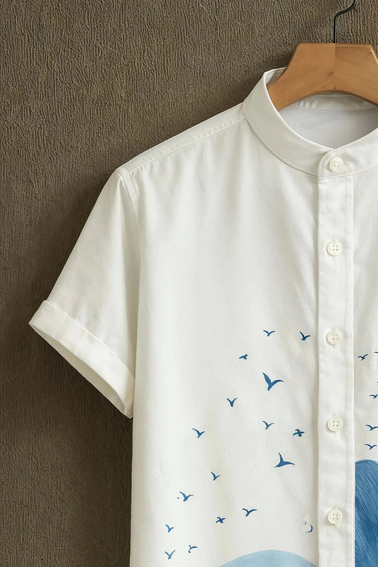 Blue Wave & Feather Print Mandarin Collar Shirt for Men | Artistic Summer Casual Shirt