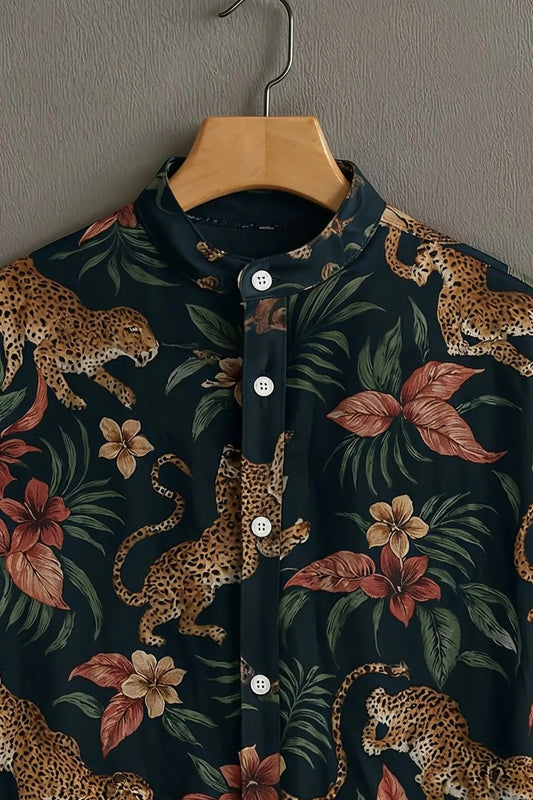 Dark Green Leopard Floral Print Mandarin Collar Shirt for Men | Premium Tropical Half Sleeve Shirt