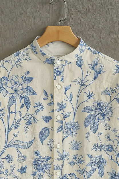White Blue Floral Bird Print Mandarin Collar Shirt for Men | Elegant Half Sleeve Casual Shirt