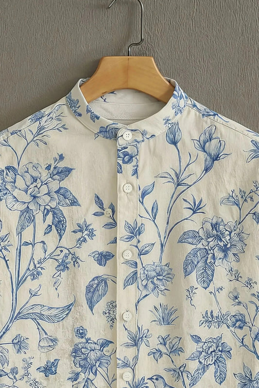 White Blue Floral Bird Print Mandarin Collar Shirt for Men | Elegant Half Sleeve Casual Shirt
