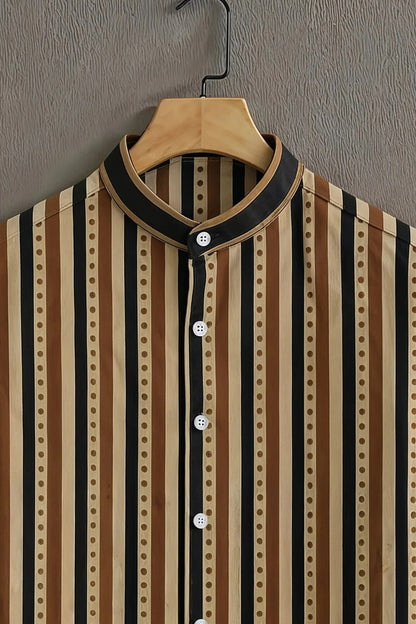 Beige Brown Vertical Stripe Mandarin Collar Shirt for Men | Retro Pattern Half Sleeve Casual Shirt