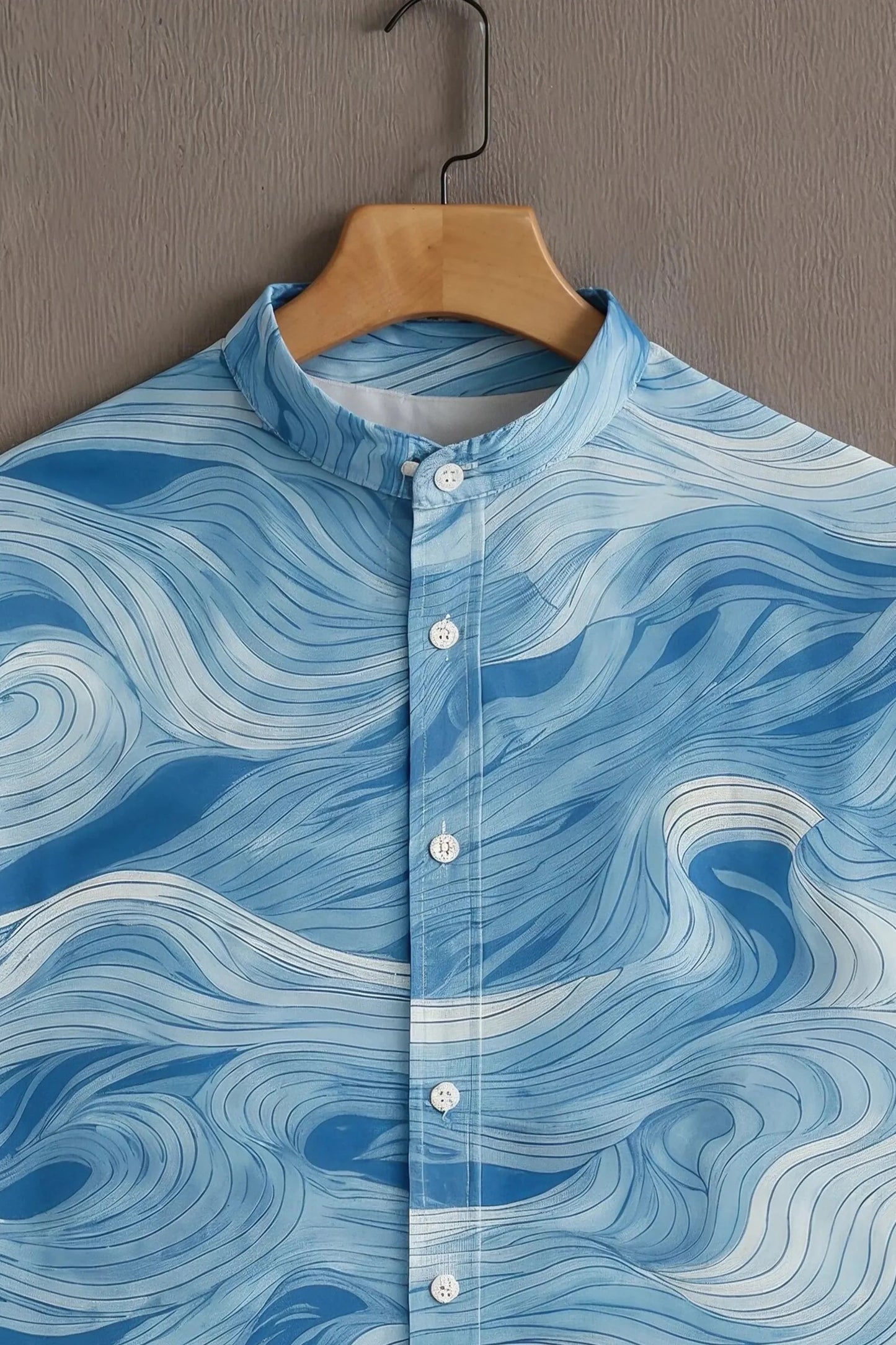 Sky Blue Wave Print Mandarin Collar Shirt for Men | Ocean Inspired Half Sleeve Casual Shirt