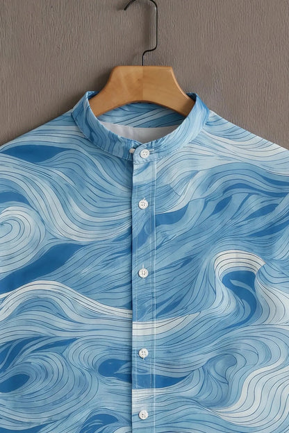 Sky Blue Wave Print Mandarin Collar Shirt for Men | Ocean Inspired Half Sleeve Casual Shirt