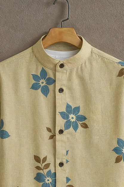Beige Blue Floral Print Mandarin Collar Shirt for Men | Minimal Half Sleeve Casual Shirt