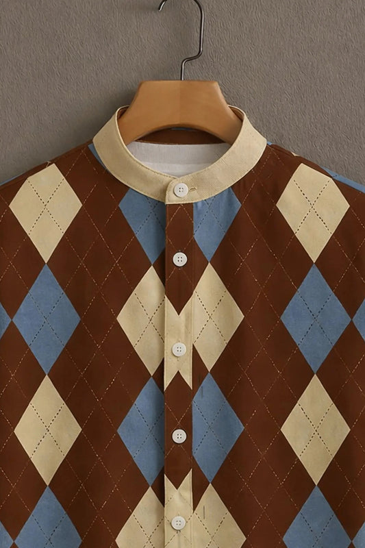 Brown Argyle Pattern Mandarin Collar Shirt for Men | Retro Diamond Print Half Sleeve Casual Shirt