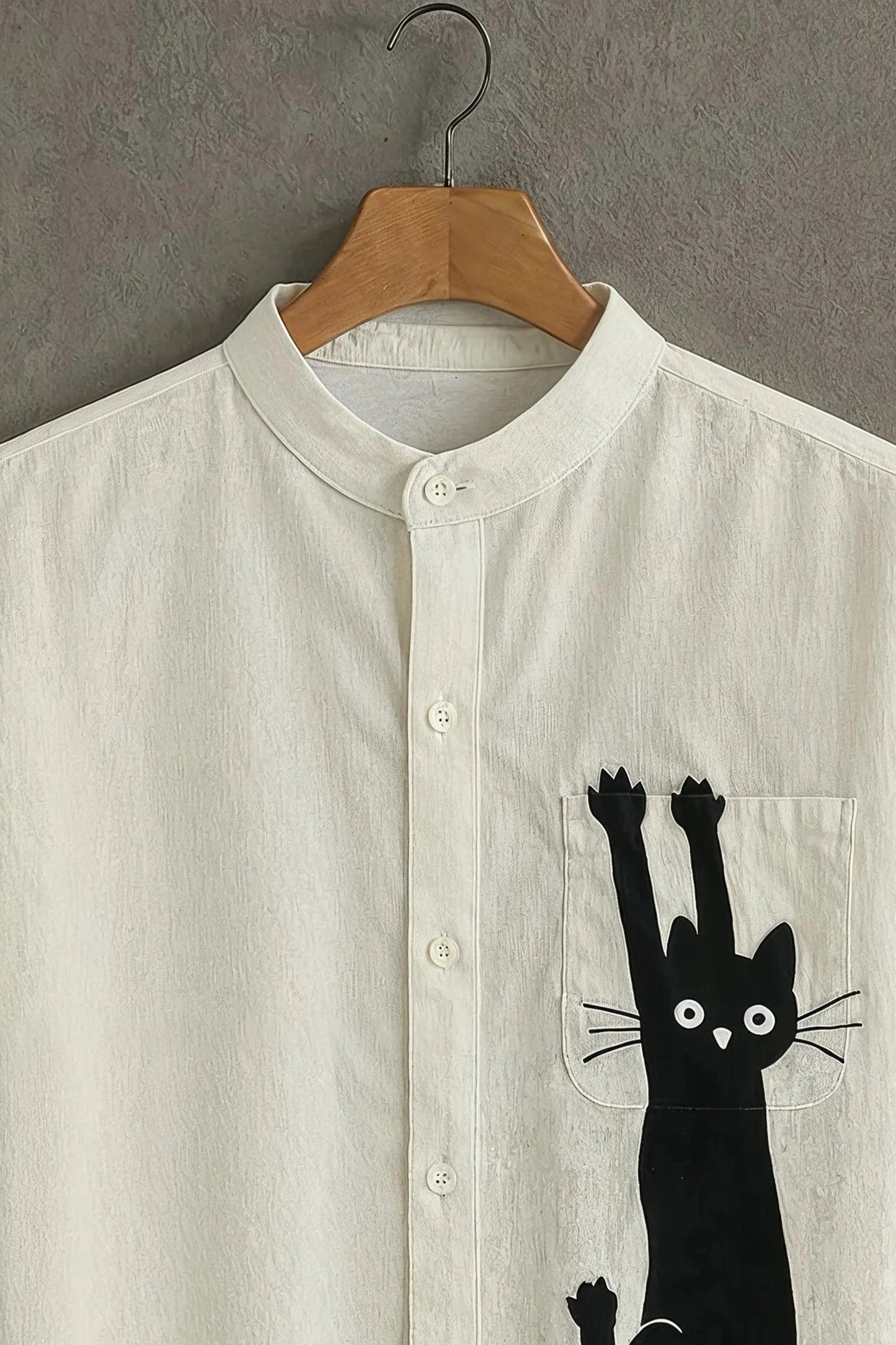 White Cat Print Mandarin Collar Shirt for Men | Minimal Graphic Half Sleeve Casual Shirt