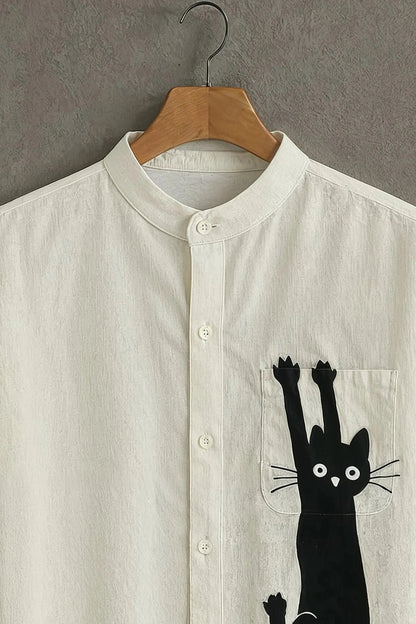 White Cat Print Mandarin Collar Shirt for Men | Minimal Graphic Half Sleeve Casual Shirt