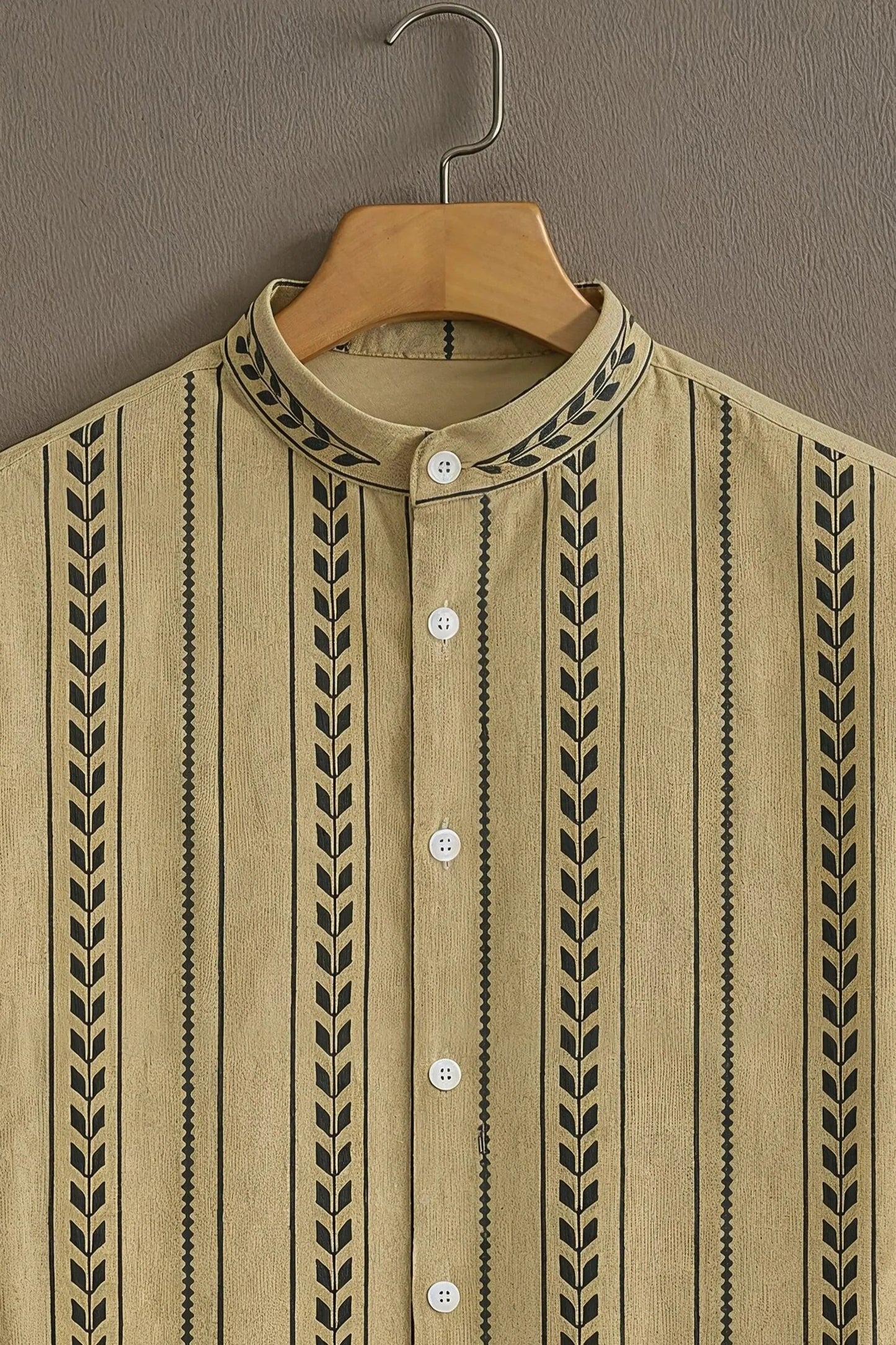 Beige Vertical Stripe Mandarin Collar Shirt for Men | Minimal Pattern Half Sleeve Casual Shirt