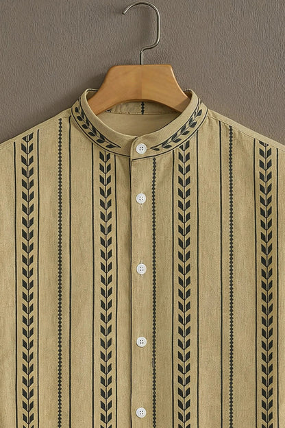 Beige Vertical Stripe Mandarin Collar Shirt for Men | Minimal Pattern Half Sleeve Casual Shirt