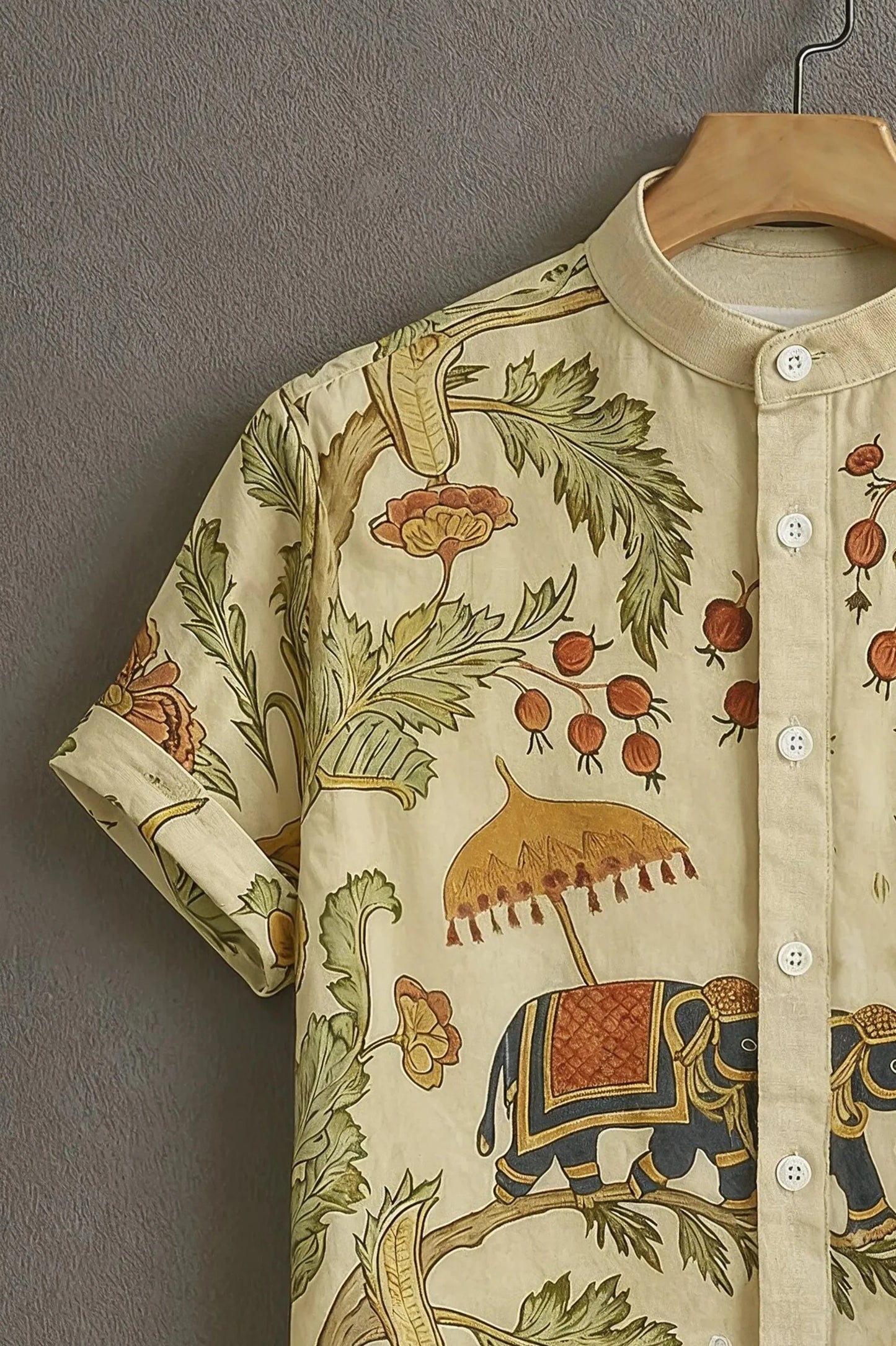 Vintage Elephant Print Mandarin Collar Shirt for Men | Ethnic Floral Half Sleeve Casual Shirt