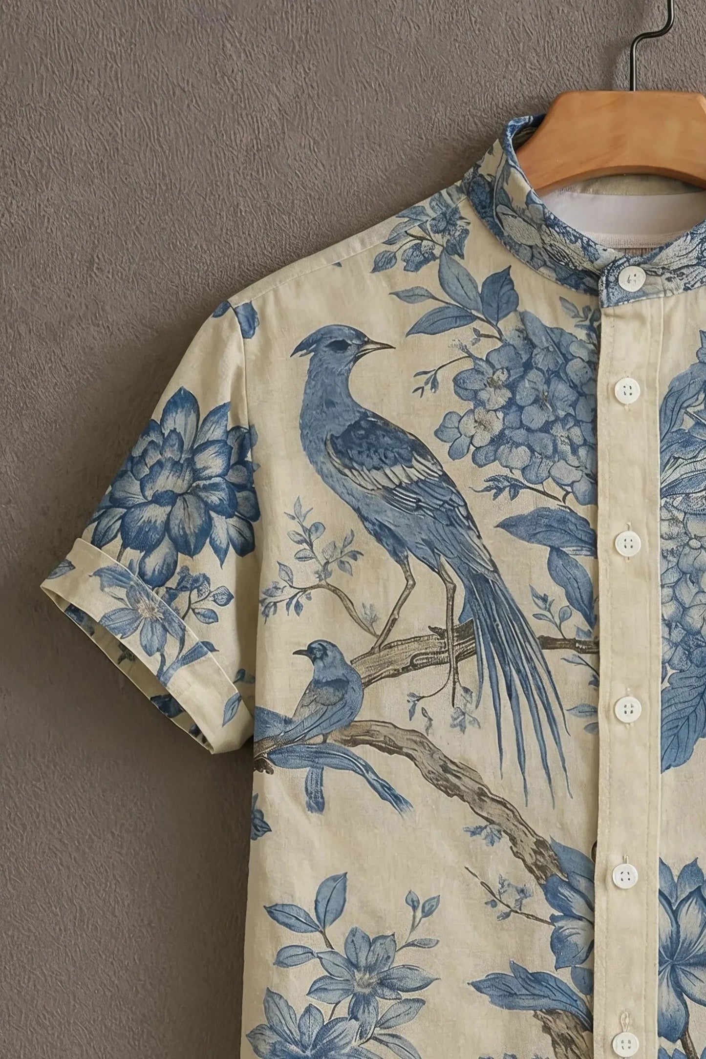 Beige Blue Floral Bird Print Mandarin Collar Shirt for Men | Elegant Half Sleeve Casual Shirt