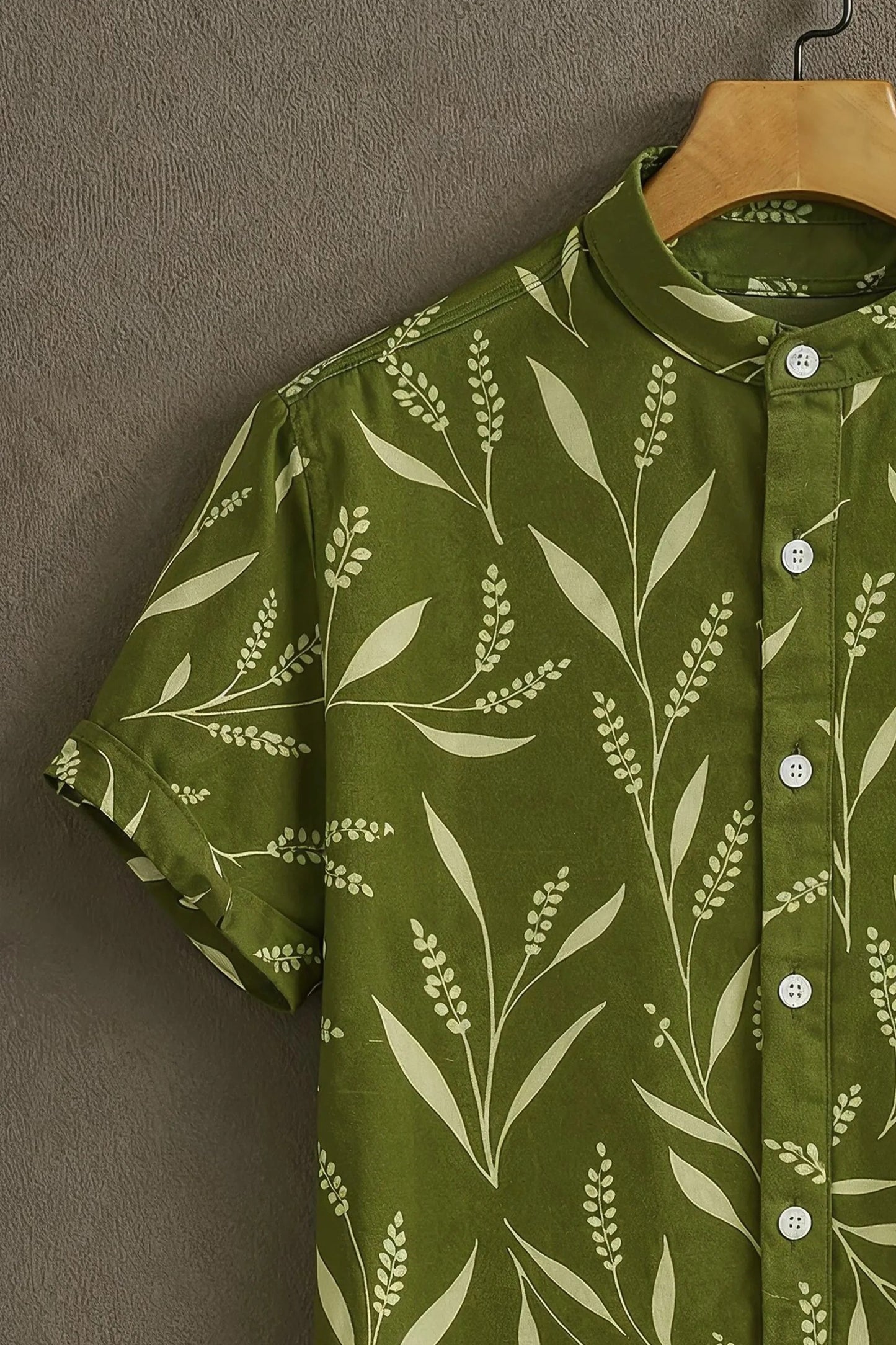 Olive Green Leaf Print Mandarin Collar Shirt for Men | Casual Summer Half Sleeve Shirt