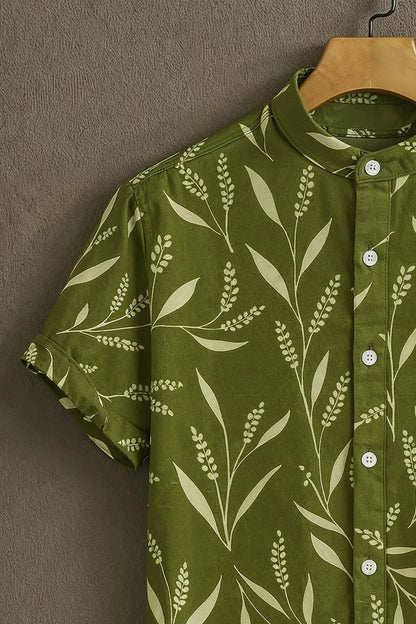 Olive Green Leaf Print Mandarin Collar Shirt for Men | Casual Summer Half Sleeve Shirt