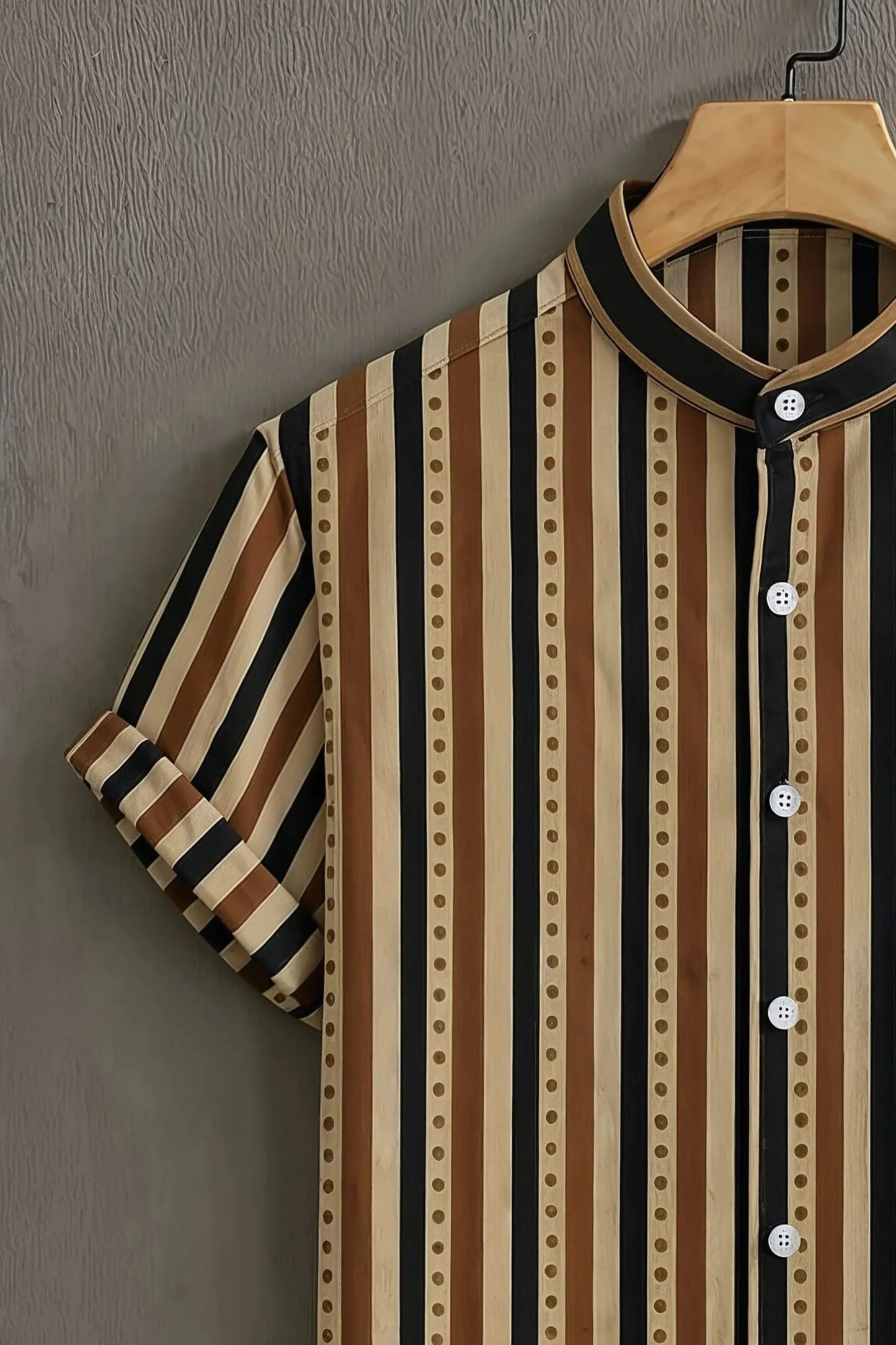 Beige Brown Vertical Stripe Mandarin Collar Shirt for Men | Retro Pattern Half Sleeve Casual Shirt