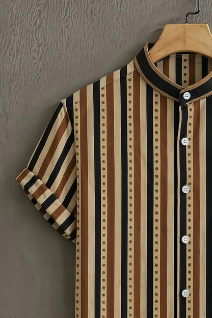 Beige Brown Vertical Stripe Mandarin Collar Shirt for Men | Retro Pattern Half Sleeve Casual Shirt