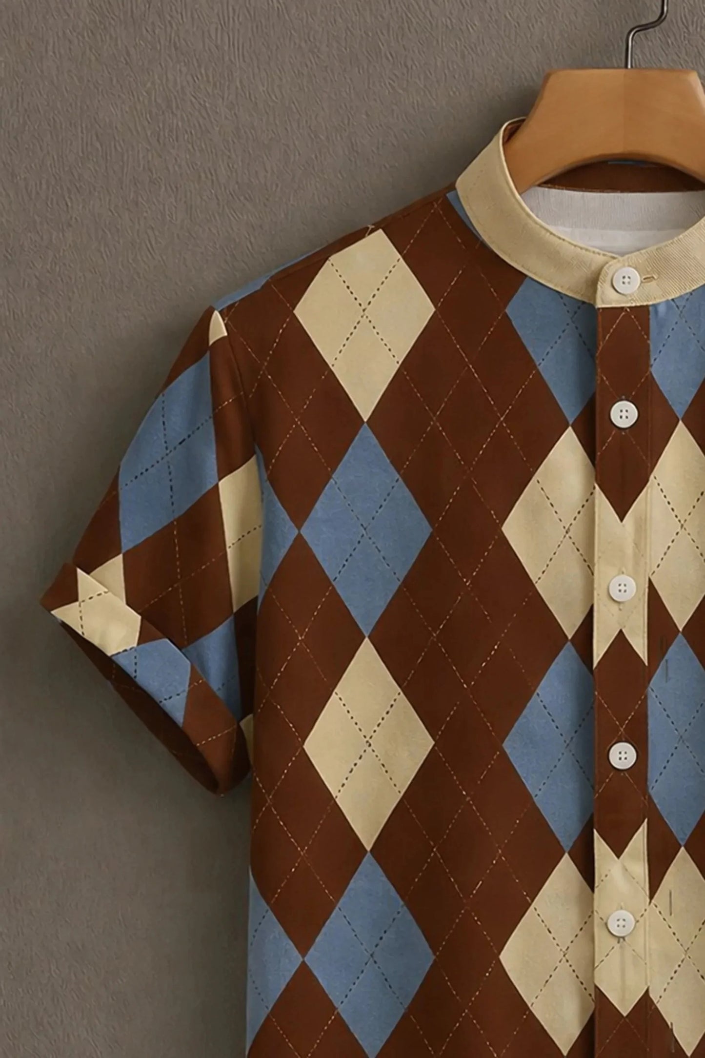 Brown Argyle Pattern Mandarin Collar Shirt for Men | Retro Diamond Print Half Sleeve Casual Shirt