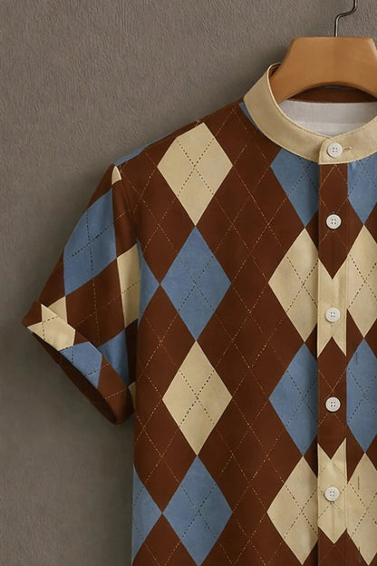 Brown Argyle Pattern Mandarin Collar Shirt for Men | Retro Diamond Print Half Sleeve Casual Shirt