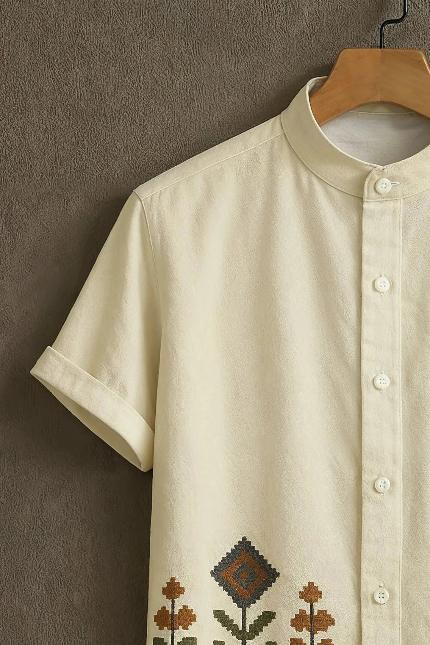 Minimal Ethnic Embroidered Mandarin Collar Shirt for Men | Off White Casual Designer Shirt