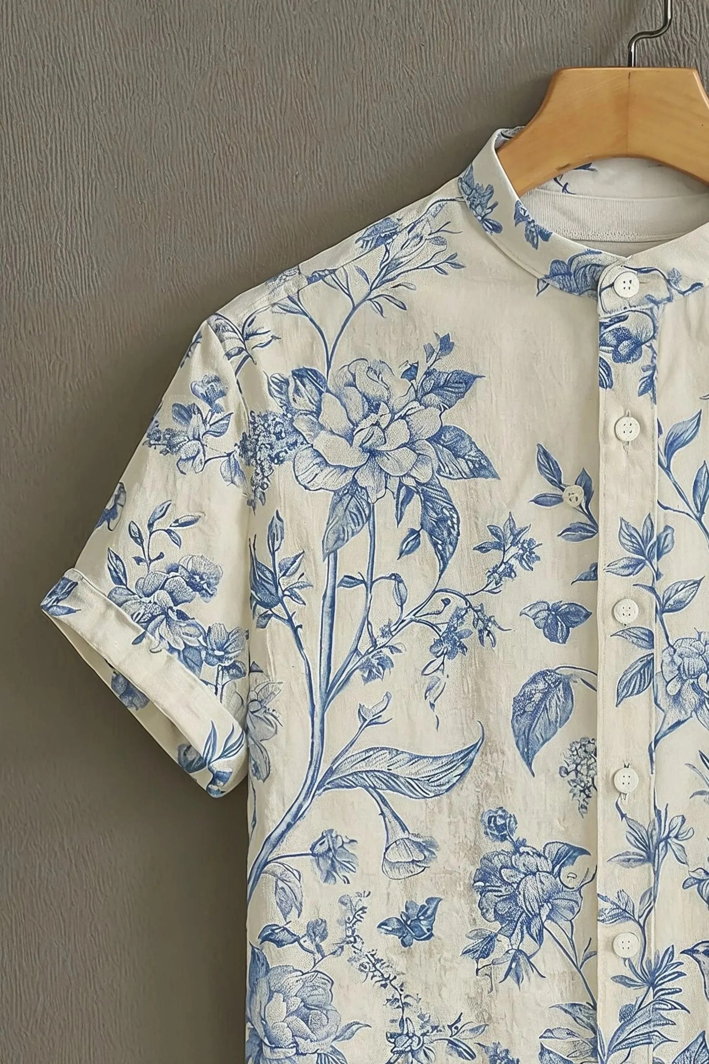 White Blue Floral Bird Print Mandarin Collar Shirt for Men | Elegant Half Sleeve Casual Shirt