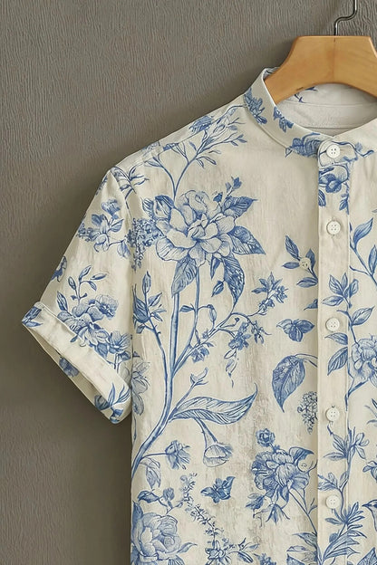 White Blue Floral Bird Print Mandarin Collar Shirt for Men | Elegant Half Sleeve Casual Shirt