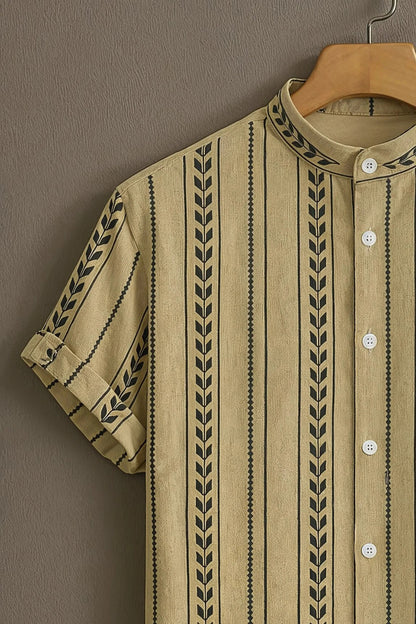 Beige Vertical Stripe Mandarin Collar Shirt for Men | Minimal Pattern Half Sleeve Casual Shirt