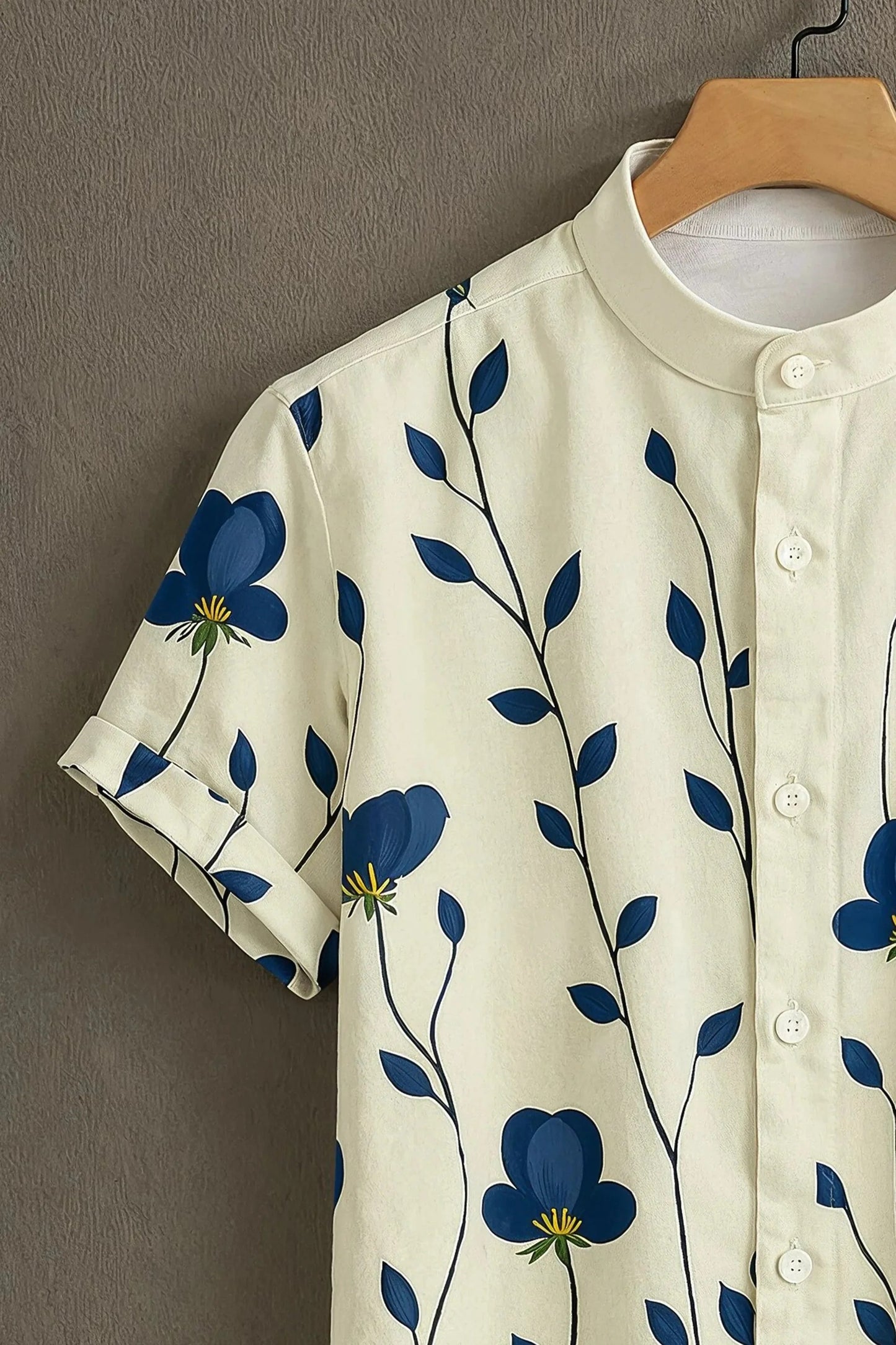 White Blue Floral Vine Print Mandarin Collar Shirt for Men | Minimal Elegant Half Sleeve Shirt