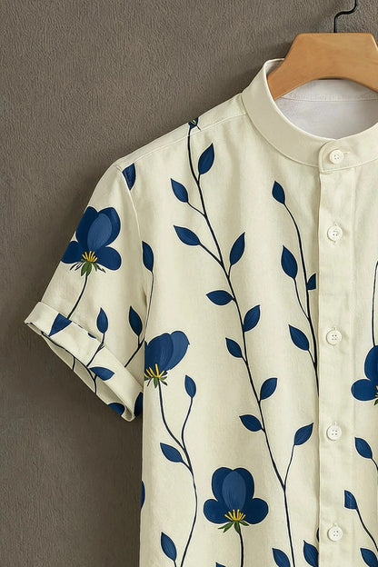 White Blue Floral Vine Print Mandarin Collar Shirt for Men | Minimal Elegant Half Sleeve Shirt