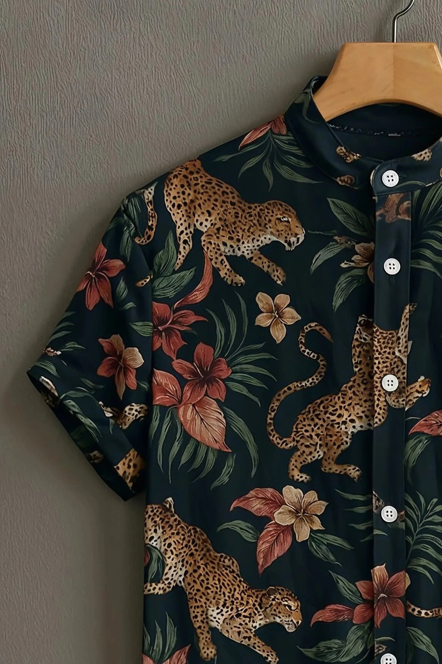 Dark Green Leopard Floral Print Mandarin Collar Shirt for Men | Premium Tropical Half Sleeve Shirt