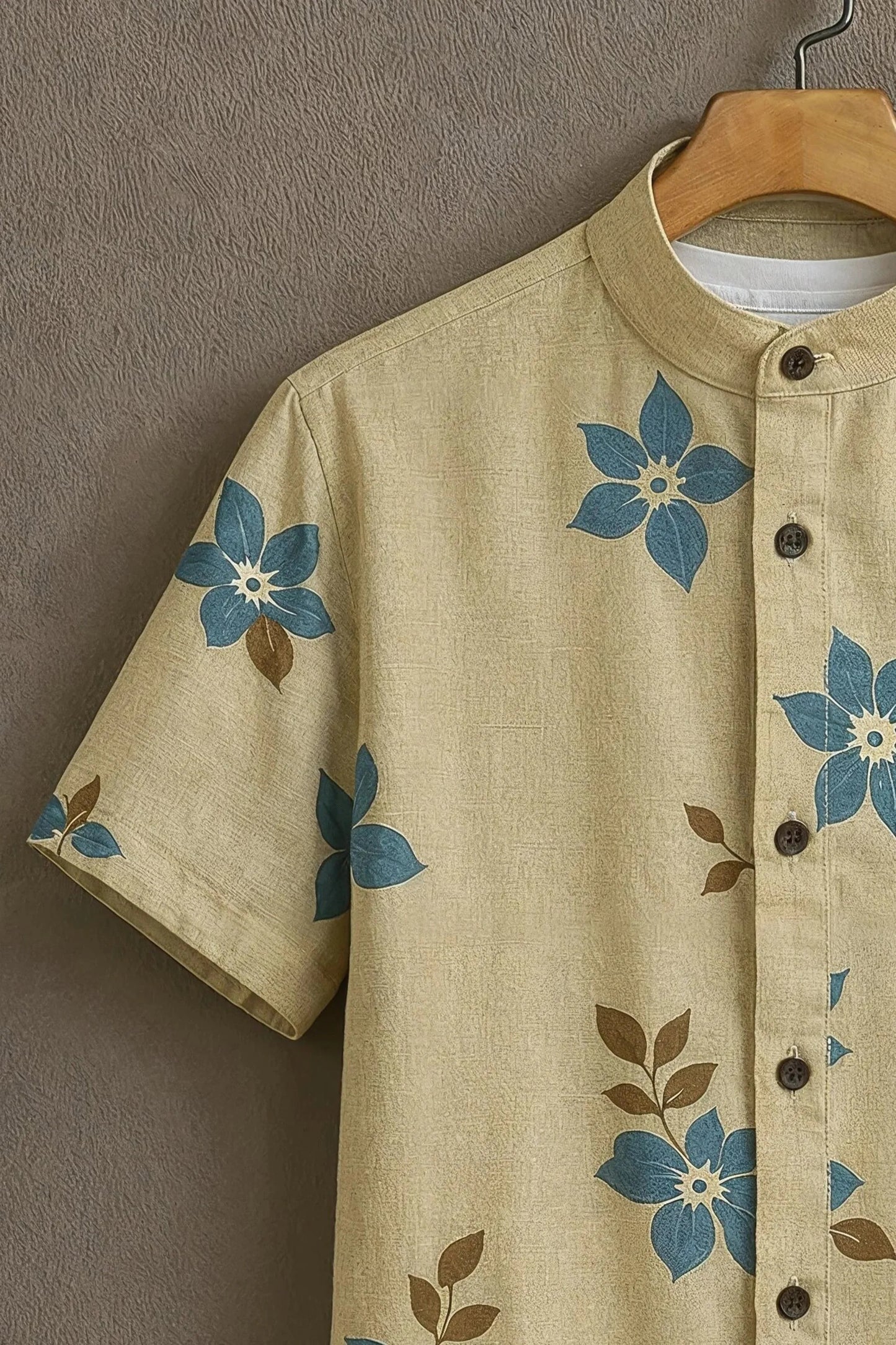 Beige Blue Floral Print Mandarin Collar Shirt for Men | Minimal Half Sleeve Casual Shirt