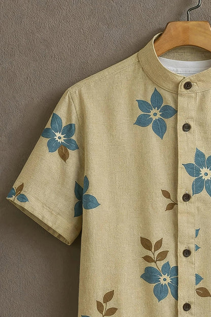 Beige Blue Floral Print Mandarin Collar Shirt for Men | Minimal Half Sleeve Casual Shirt