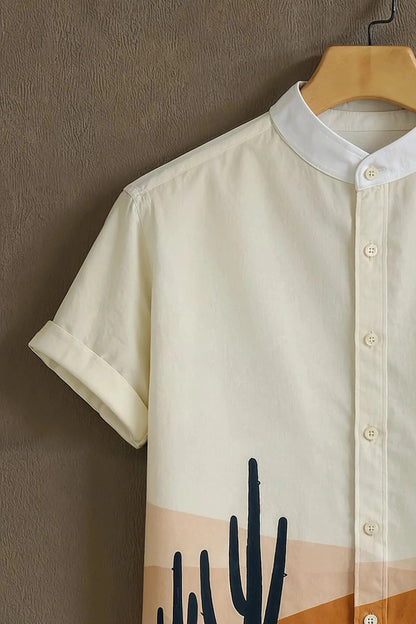 Desert Sunset Print Mandarin Collar Shirt for Men | Minimal Landscape Half Sleeve Casual Shirt