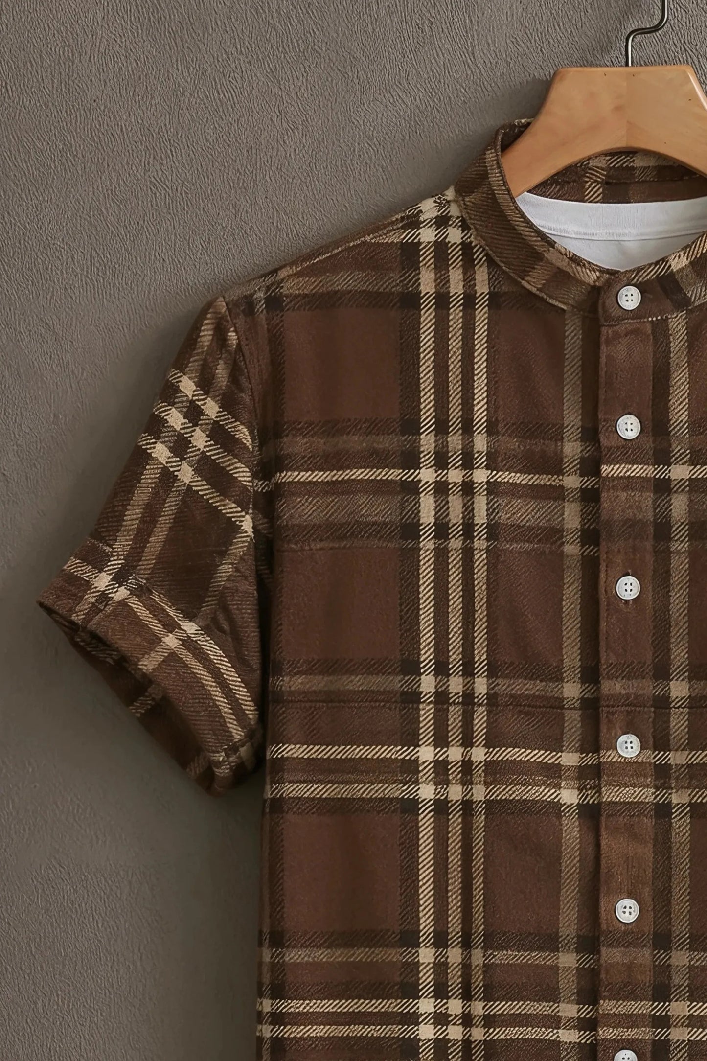 Brown Checkered Mandarin Collar Shirt for Men | Classic Plaid Half Sleeve Casual Shirt