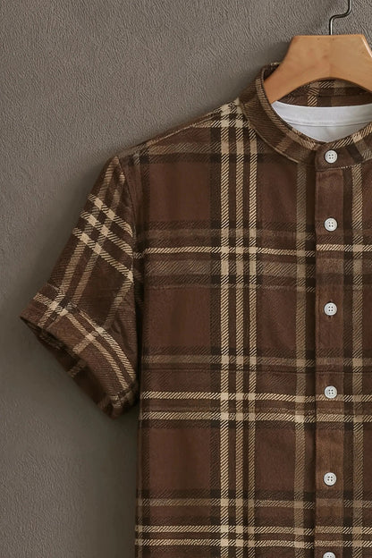 Brown Checkered Mandarin Collar Shirt for Men | Classic Plaid Half Sleeve Casual Shirt