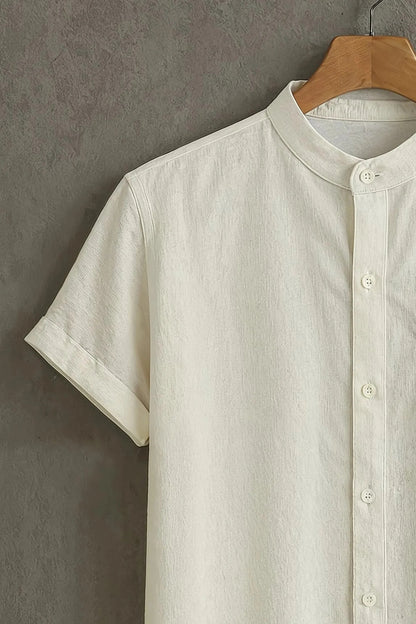 White Cat Print Mandarin Collar Shirt for Men | Minimal Graphic Half Sleeve Casual Shirt